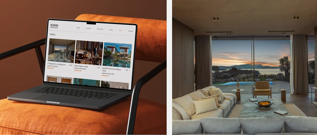 Be.Spoken website on a laptop, next to a photo of a hotel interior