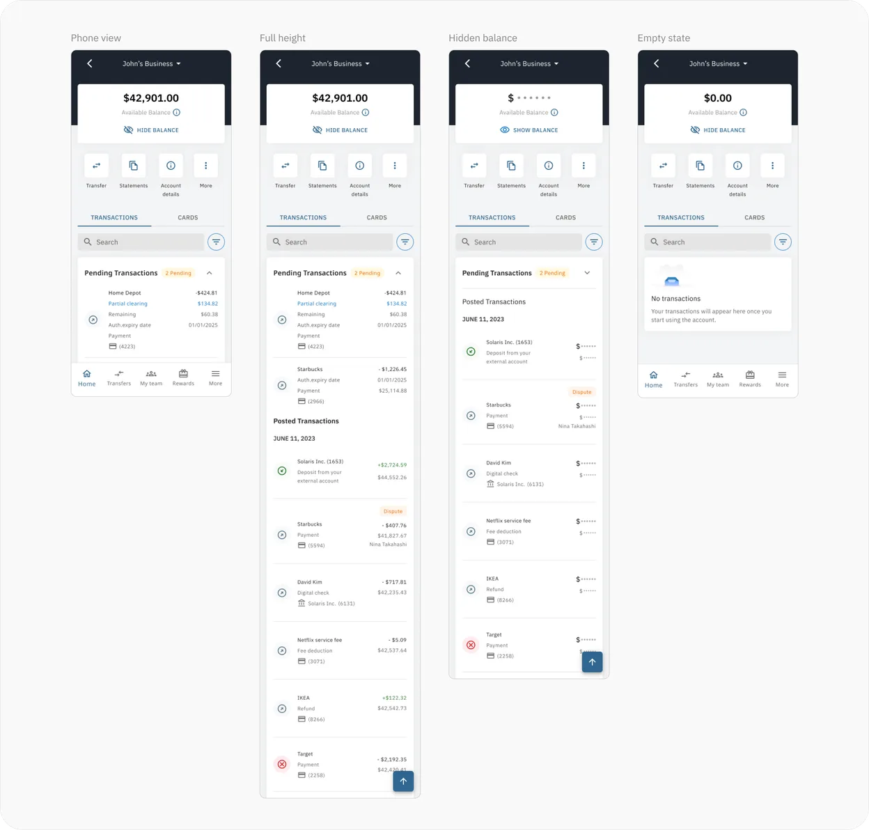 Account page in four states: phone view, full height, hidden balance and empty state