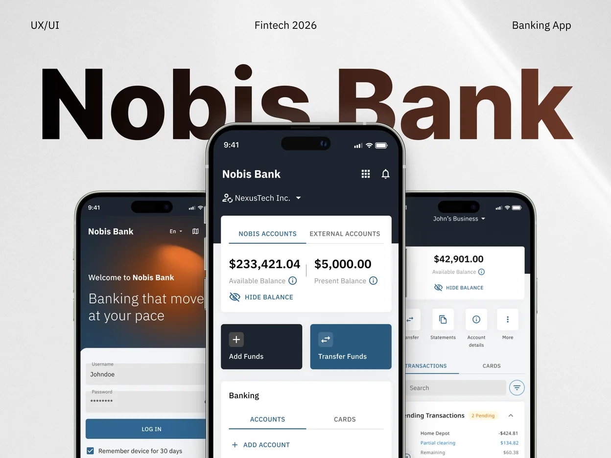 Nobis Bank login, home and account screens on three phones