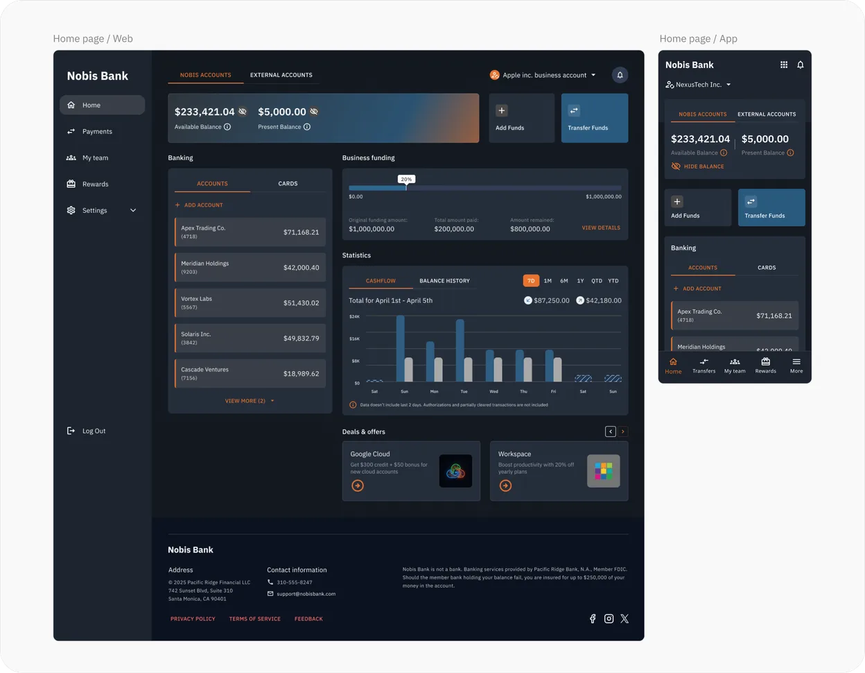 Home page in the dark theme, on the web and in the app