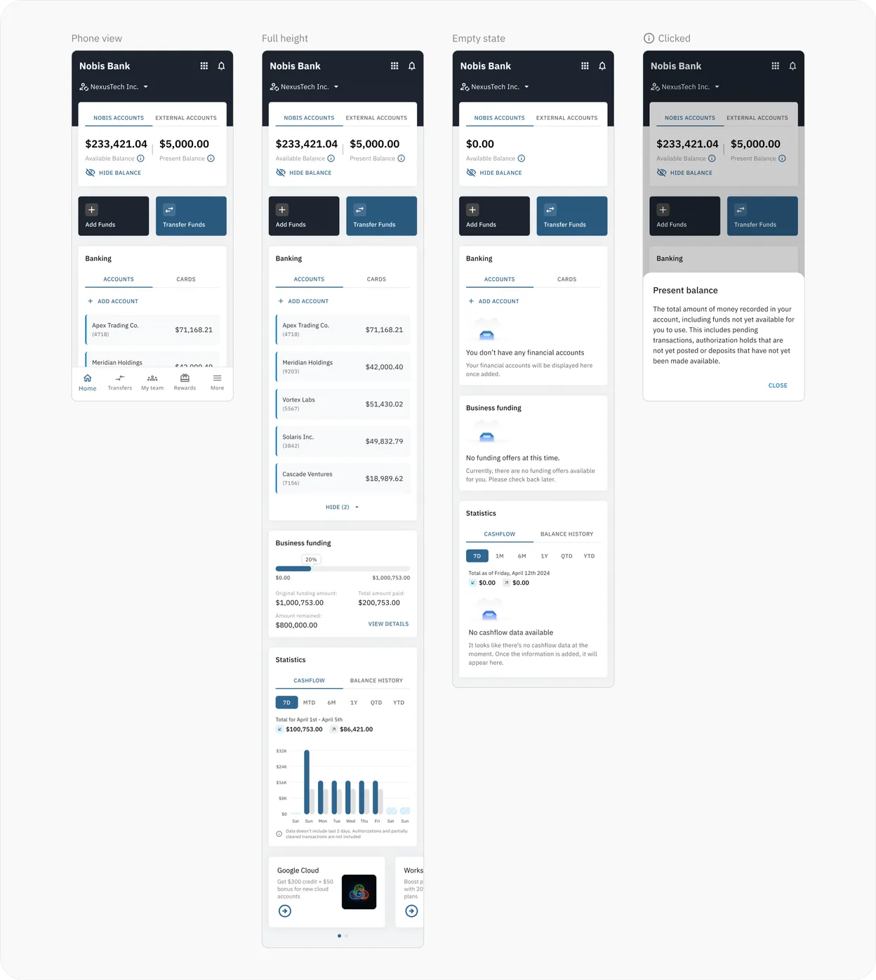 Home page in four states: phone view, full height, empty state and the present balance explained