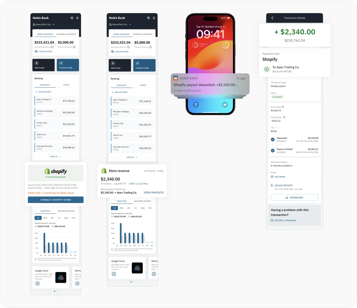 Shopify payout offer in the app: home page, push notification and transaction details