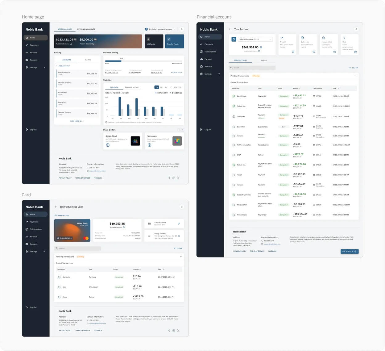 Web version: home page, financial account page and card page